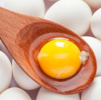 <p>Egg yolk in wooden spoon on eggs. Close up.</p>